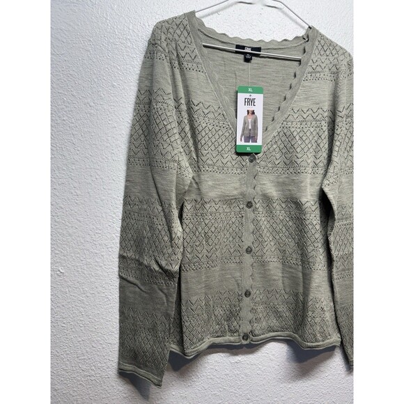 Frye Women's Pointelle Long Sleeve Button-Up Cardigan, Sea Grass Green XL New - Picture 4 of 11